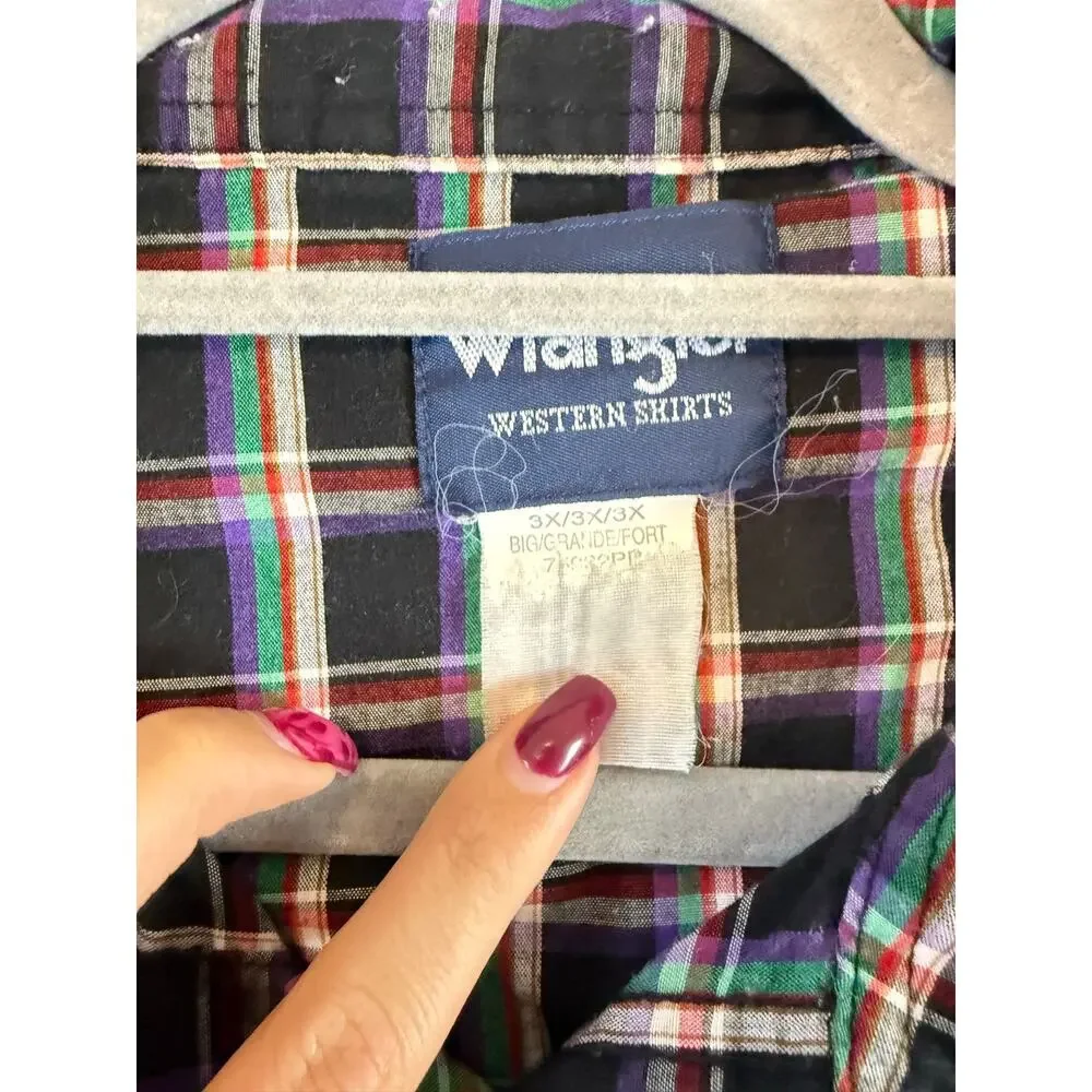 VTG Wrangler Pearl Snap Black Plaid MicroGrid Lightweight Purple Green Mens 3XL
